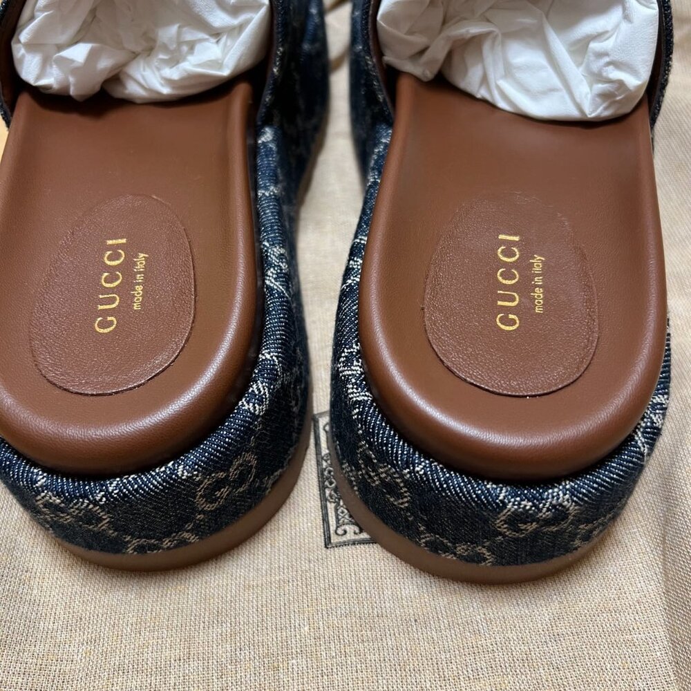 Gucci Denim GG Canvas Platform Sandals in Blue and Brown - Picture 2 of 6